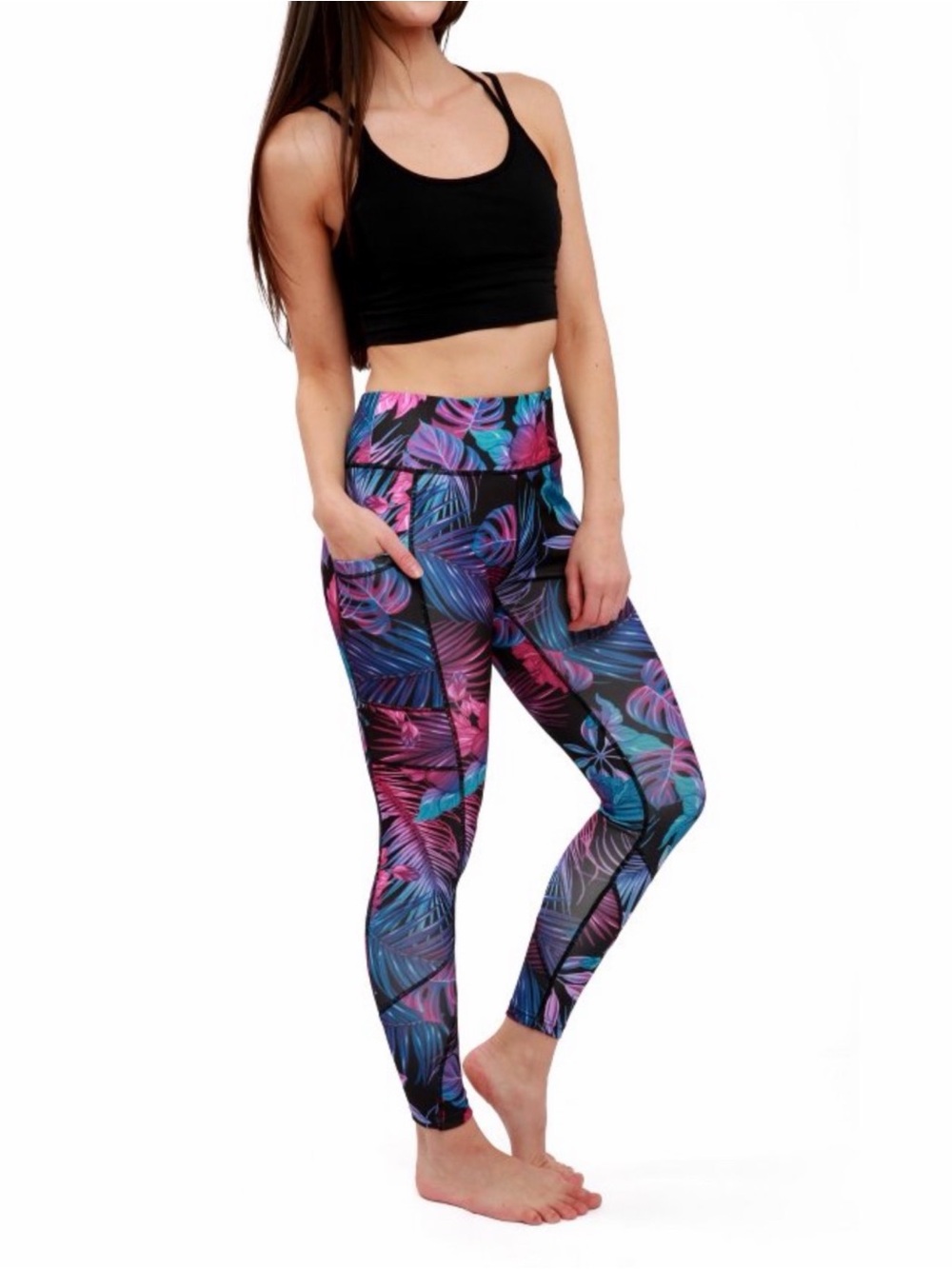 Fitkicks Crossovers Purple Blue Tropical Print High Rise Leggings Large